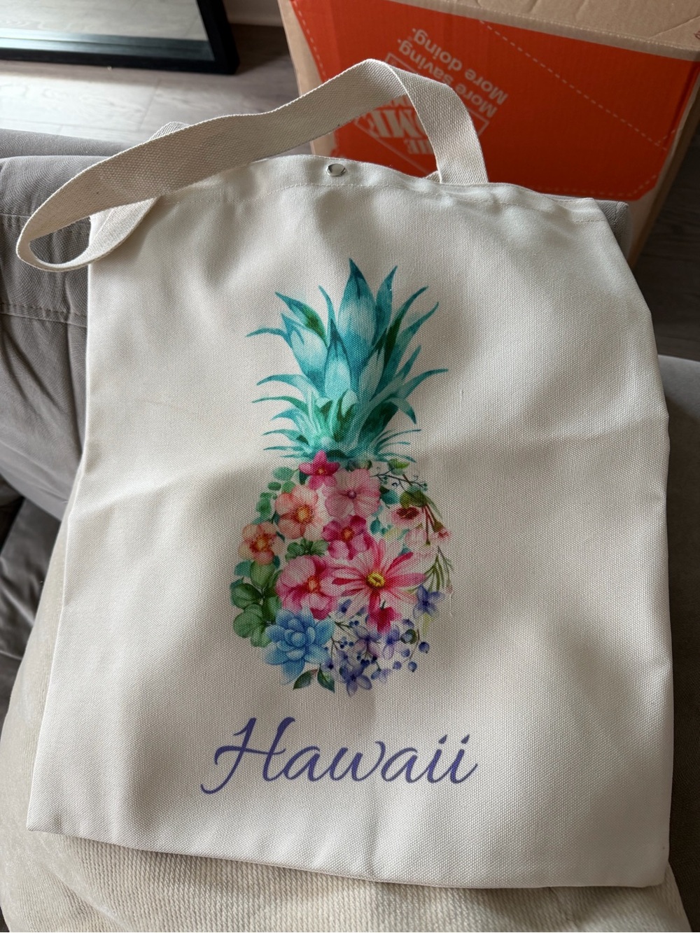 Cream Canvas Tote with Tropical Floral Pineapple Print - "Hawaii"